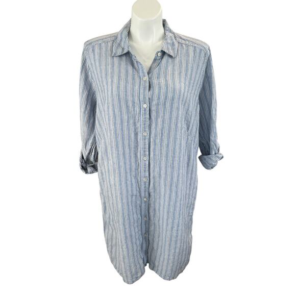 J Jill Love Linen 3X Blue Stripe Roll Tab Sleeve Midi 100% Linen Dress w/Pockets - Picture 1 of 6
